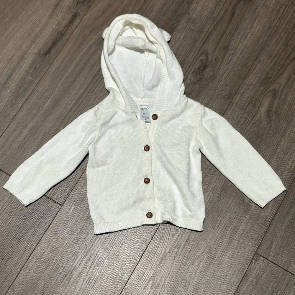Carter's Hooded Animal Ears White Knit Hooded Baby Sweater